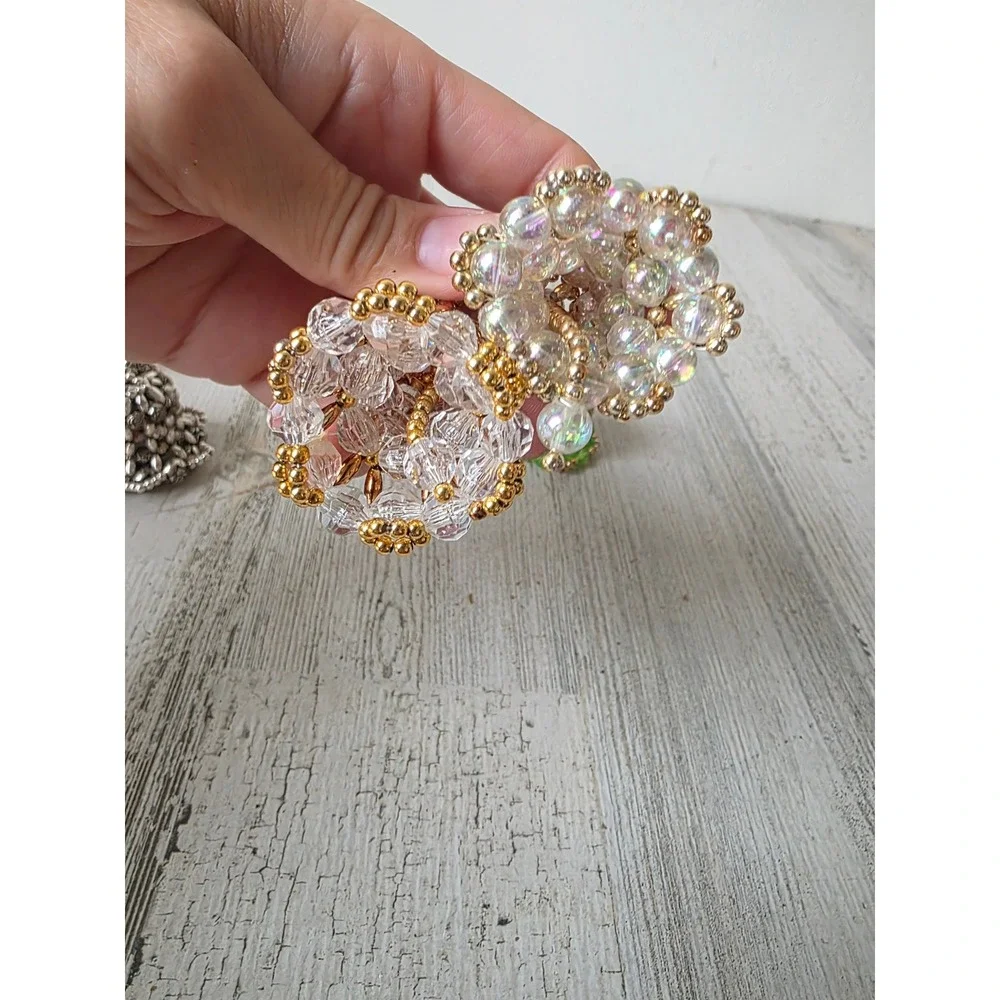 Vintage beaded Bell ornament pink blue green gold Xmas tree set